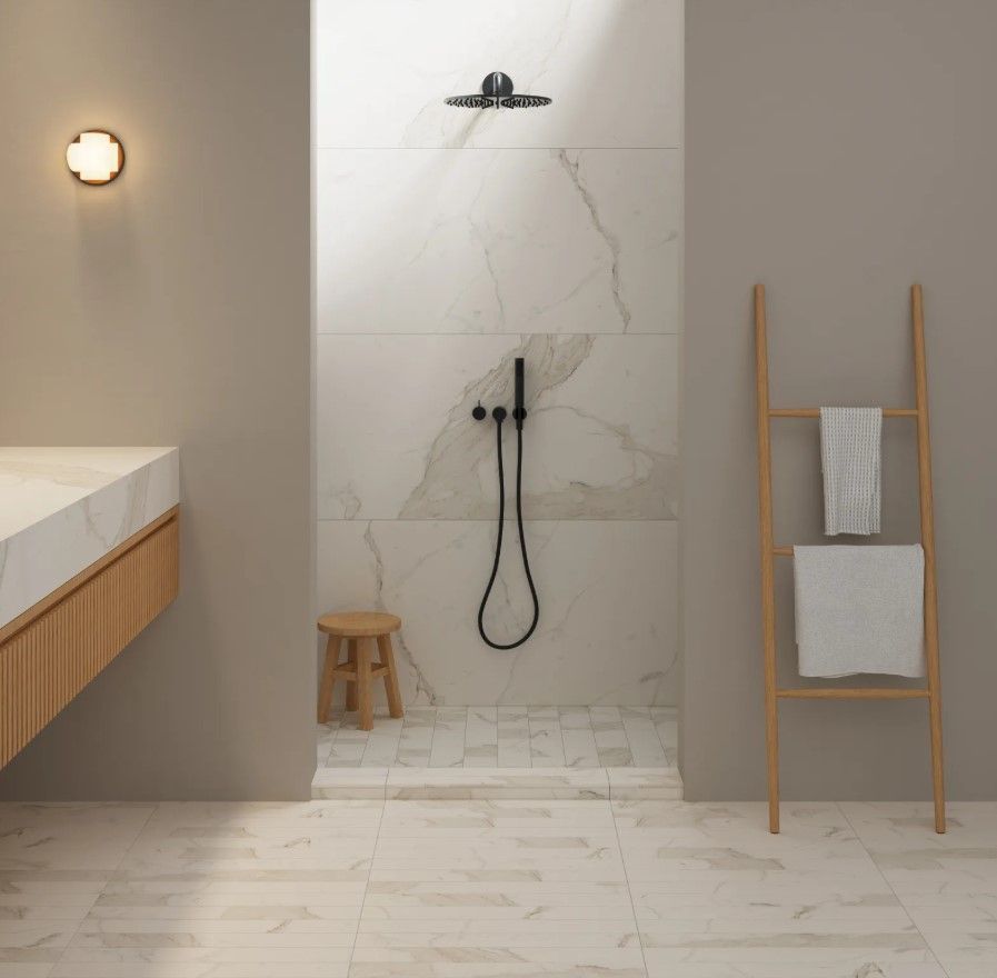 A bathroom with a shower and a wooden ladder