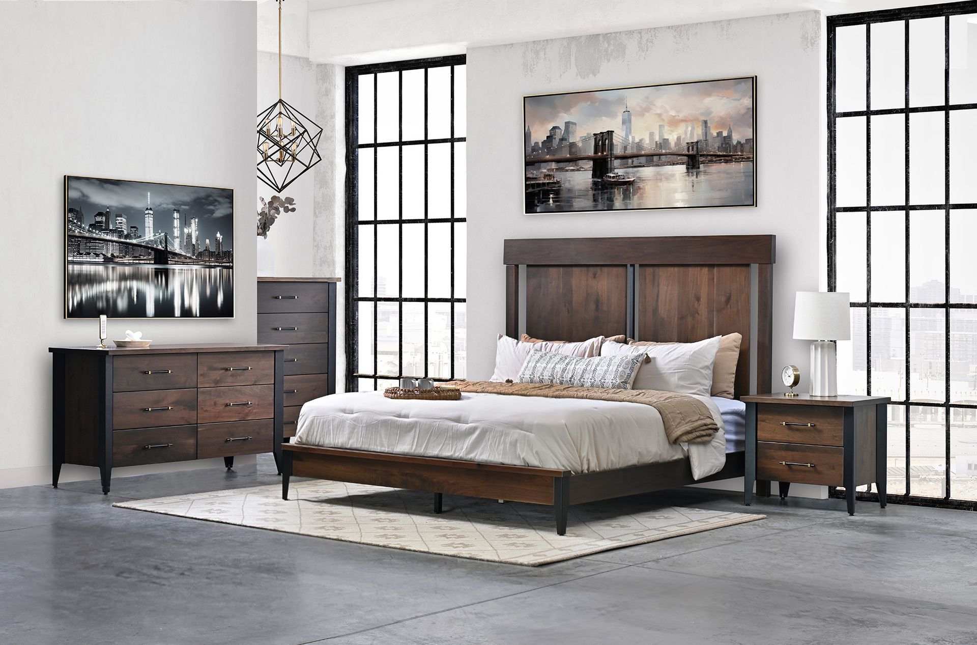 A bedroom with a bed , dresser , nightstand , and paintings on the wall.