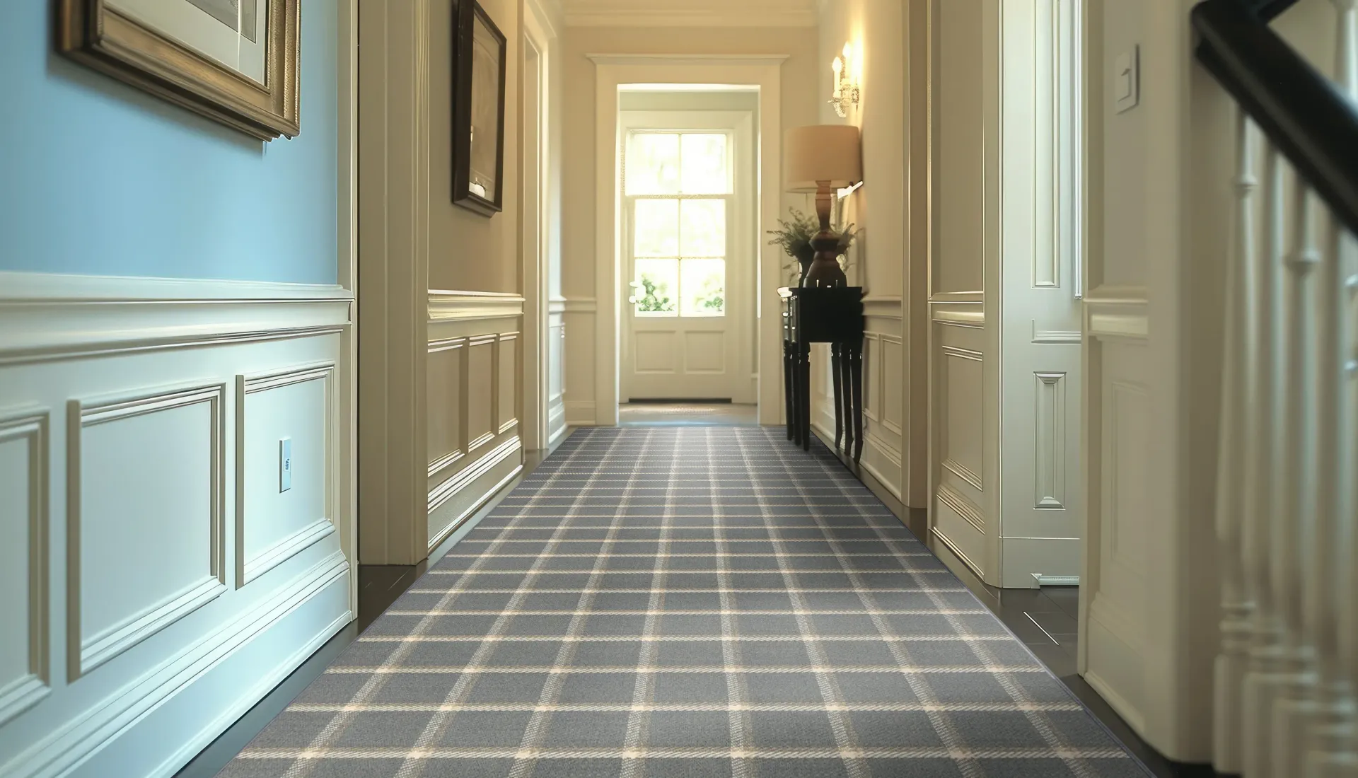 A hallway with a plaid carpet and a staircase.