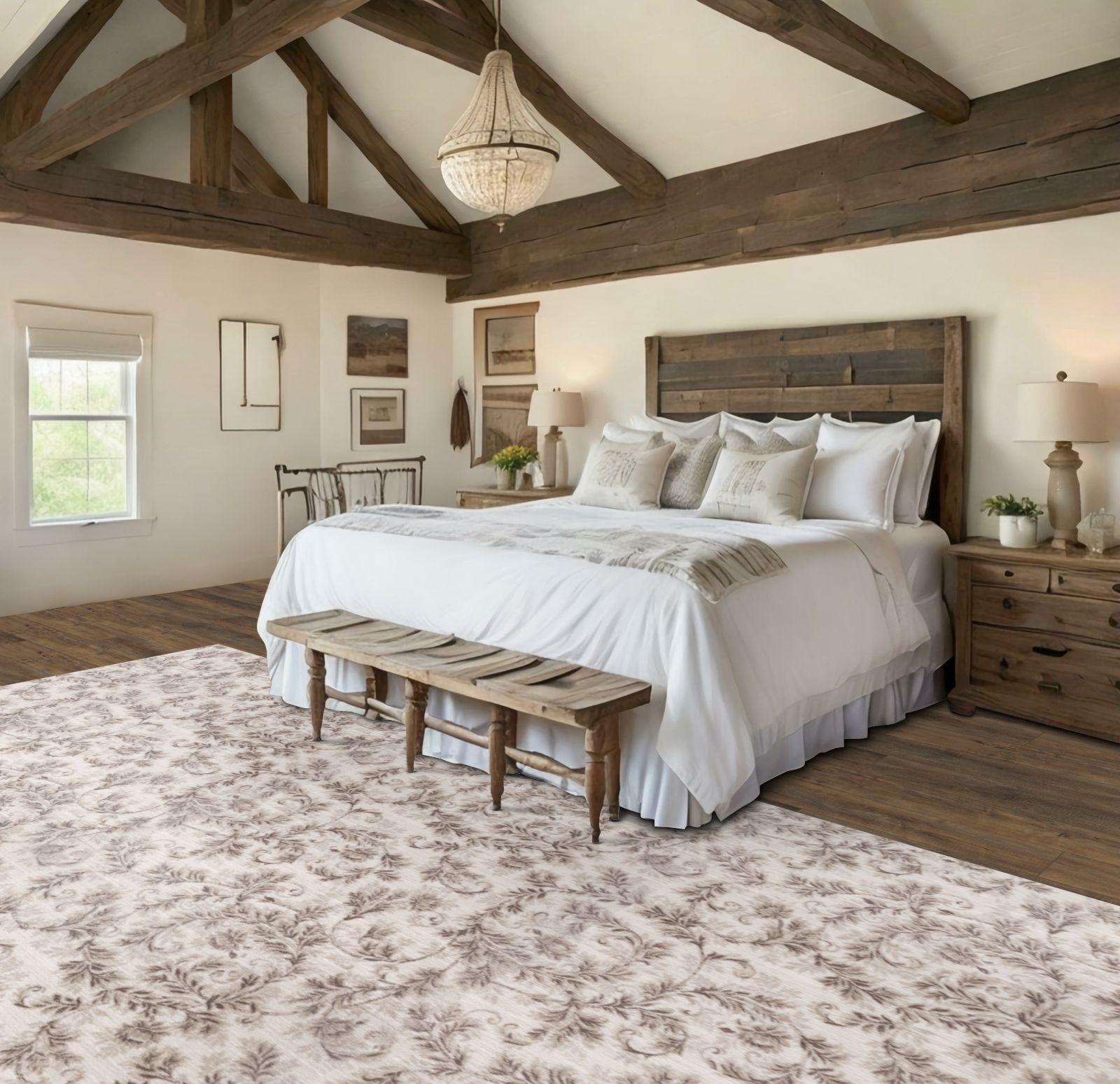 A bedroom with a king size bed and a bench