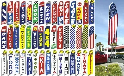 A red car is parked on the side of the road next to a bunch of signs