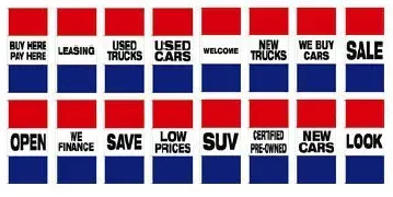 A grid of red and blue squares with the words buy here leasing used cars