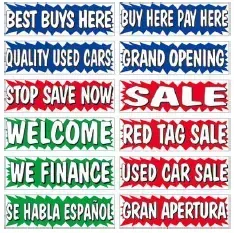 A bunch of signs that say `` best buys here buy here pay here ''.