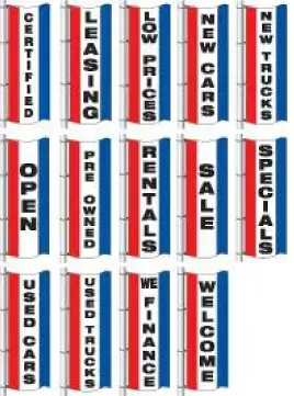 A set of red , white , and blue flags with the words leasing rental and new cars on them.