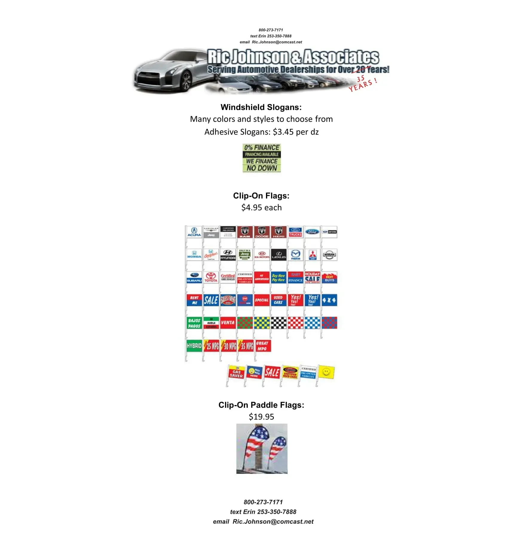A flyer for a car dealership with a picture of a car and a bunch of flags.