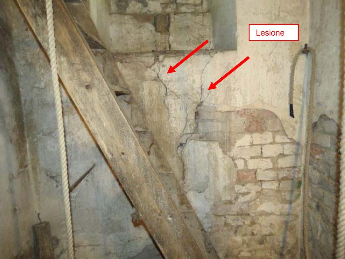 Evident internal injury in the wall of the bell tower
