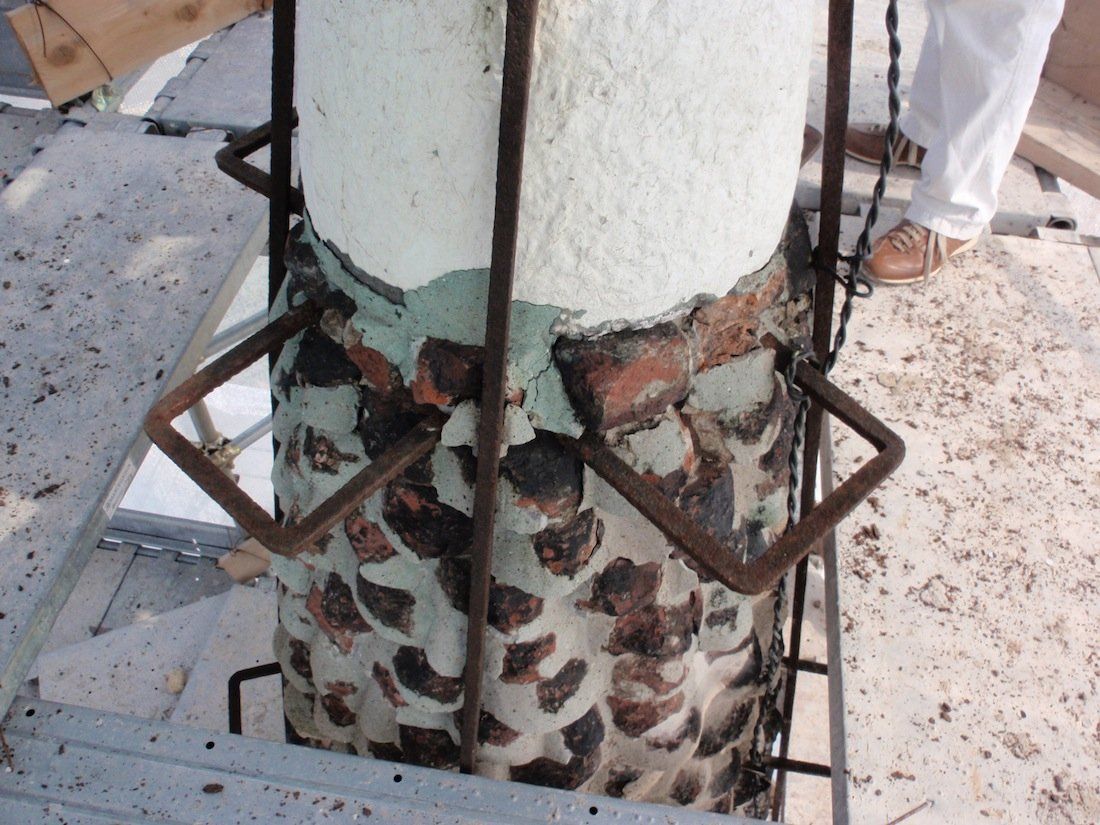 View of the end of the spire with staples