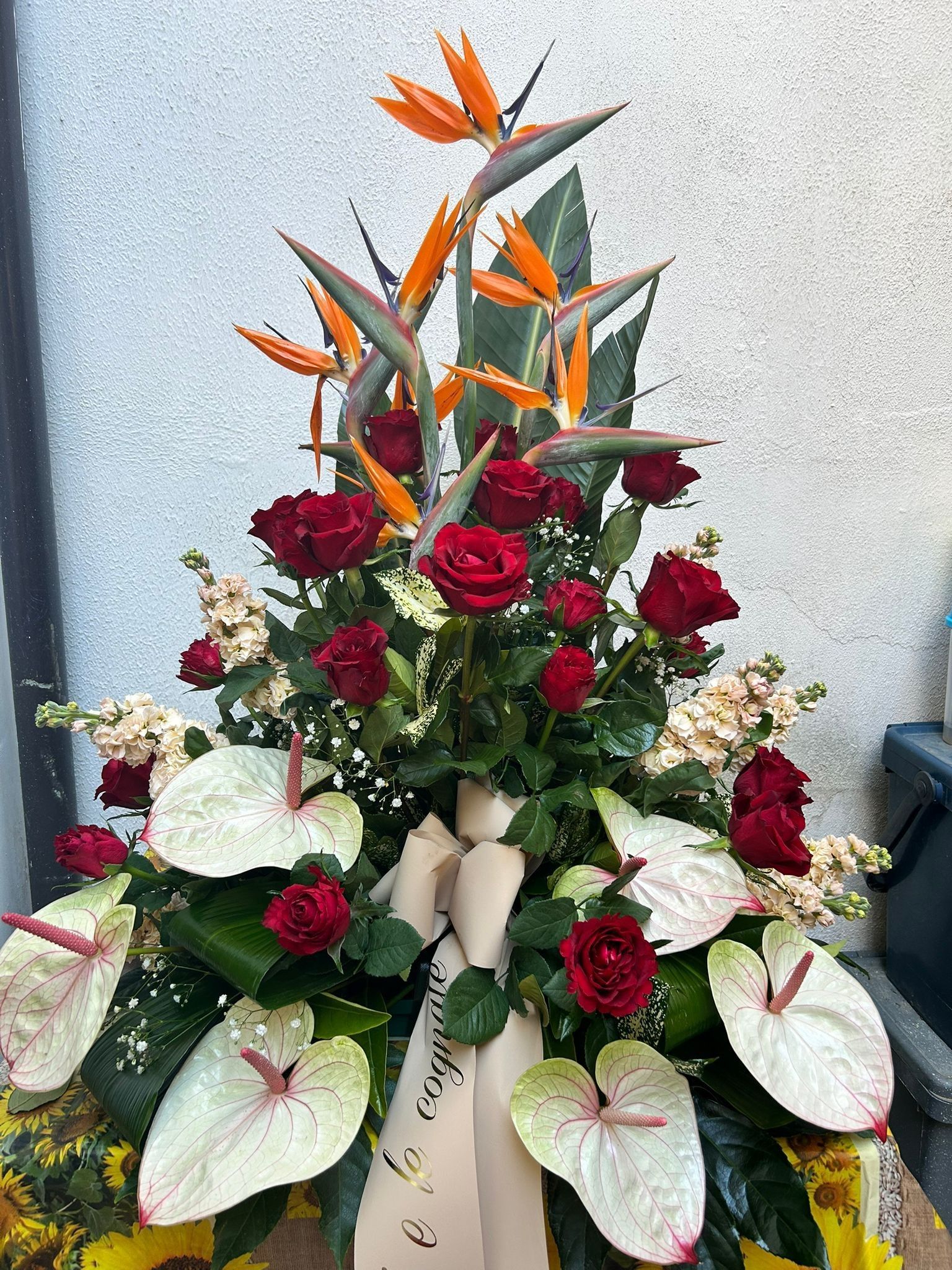 Composizione floreale con rose rosse, fiori di strelitzia arancioni e anthurium bianchi.