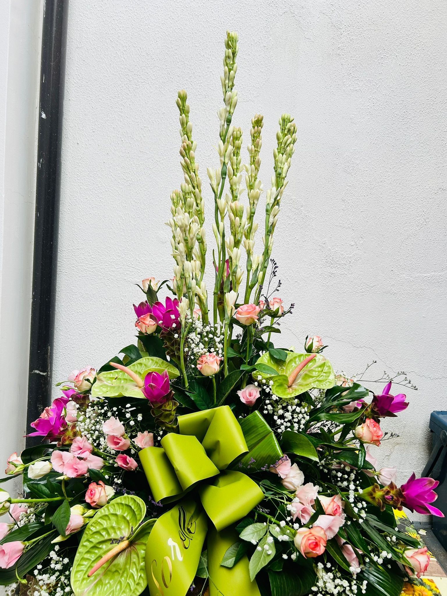 Composizione floreale con fiori rosa e verdi, impreziosita da un nastro verde e steli alti, contro una parete bianca.