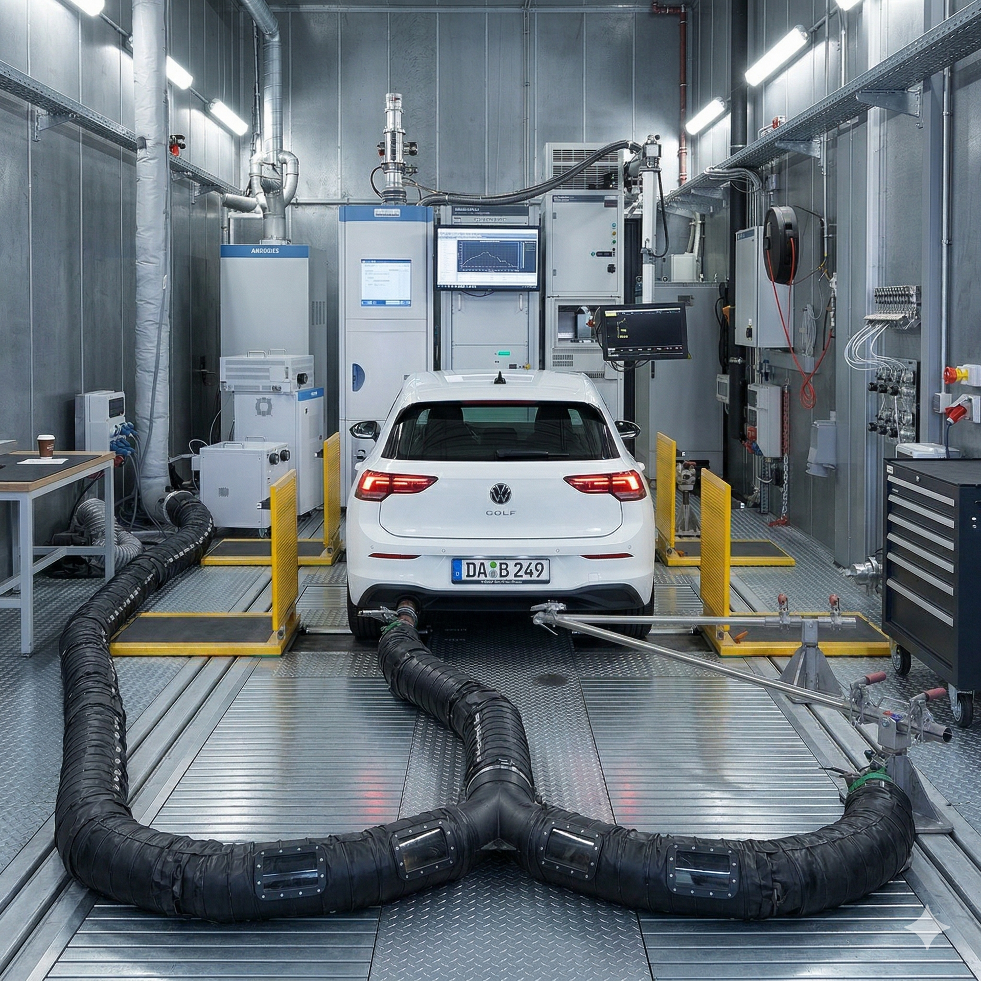 A white Volkswagen car undergoing testing in an industrial automotive emissions lab with exhaust collection hoses.