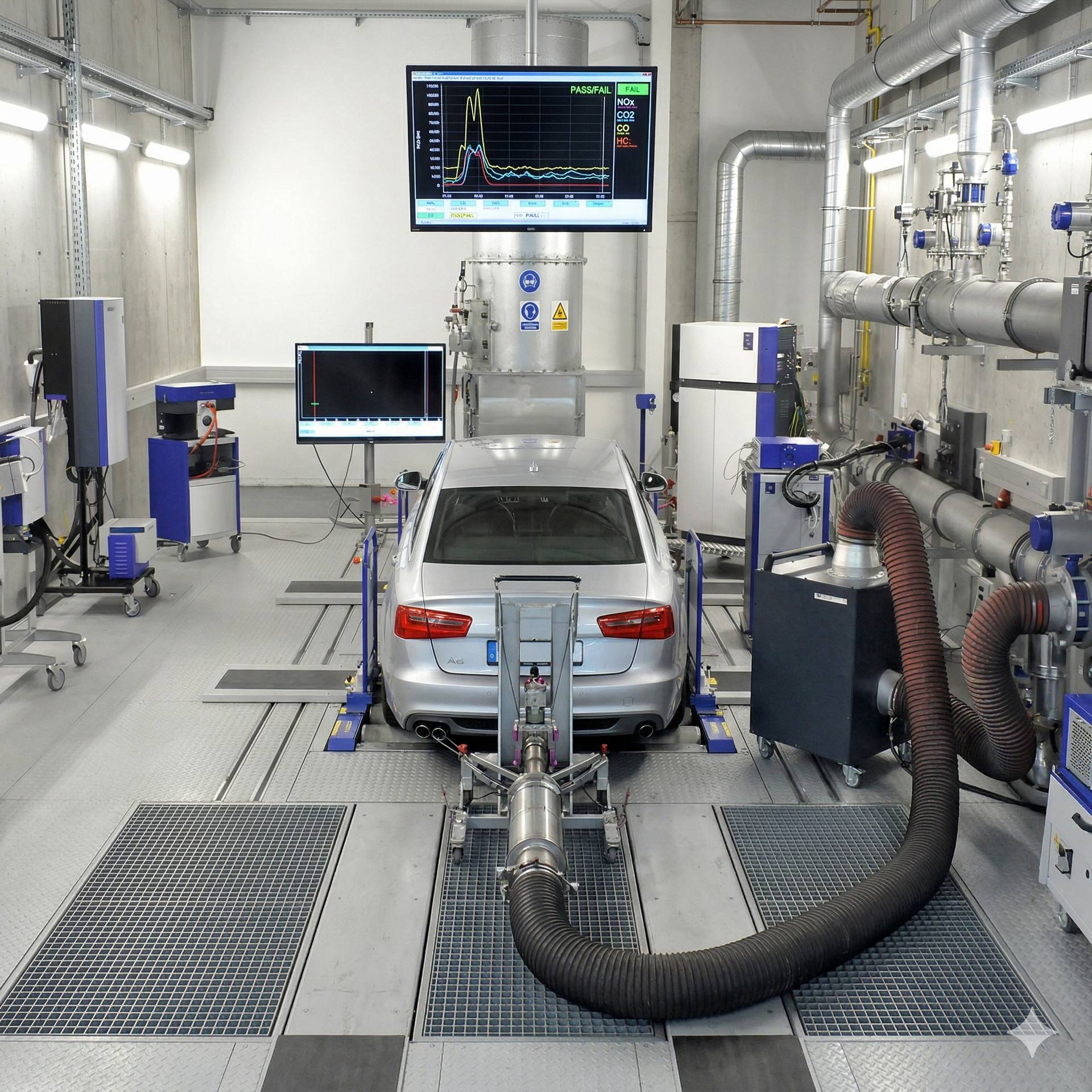 A silver car undergoing exhaust emissions testing in a laboratory, connected to a collection hose and monitoring equipment.