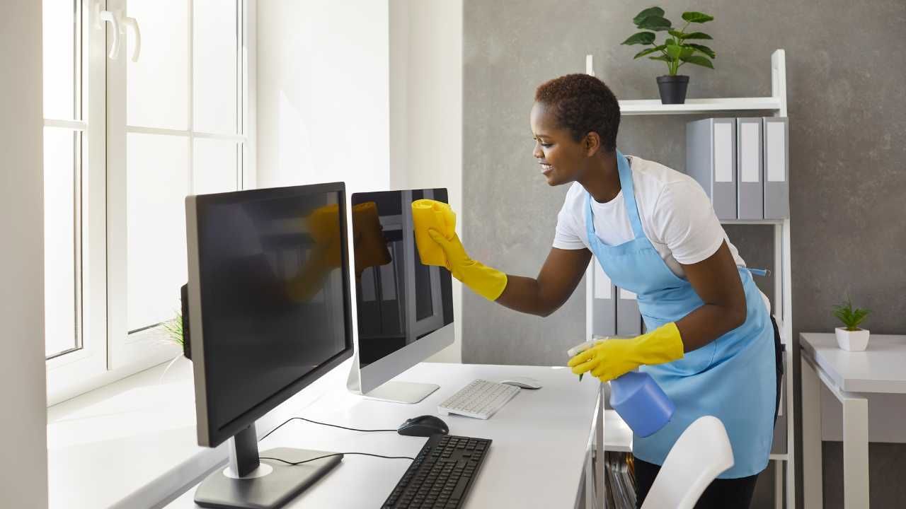 A woman in an apron is focused on cleaning a computer.