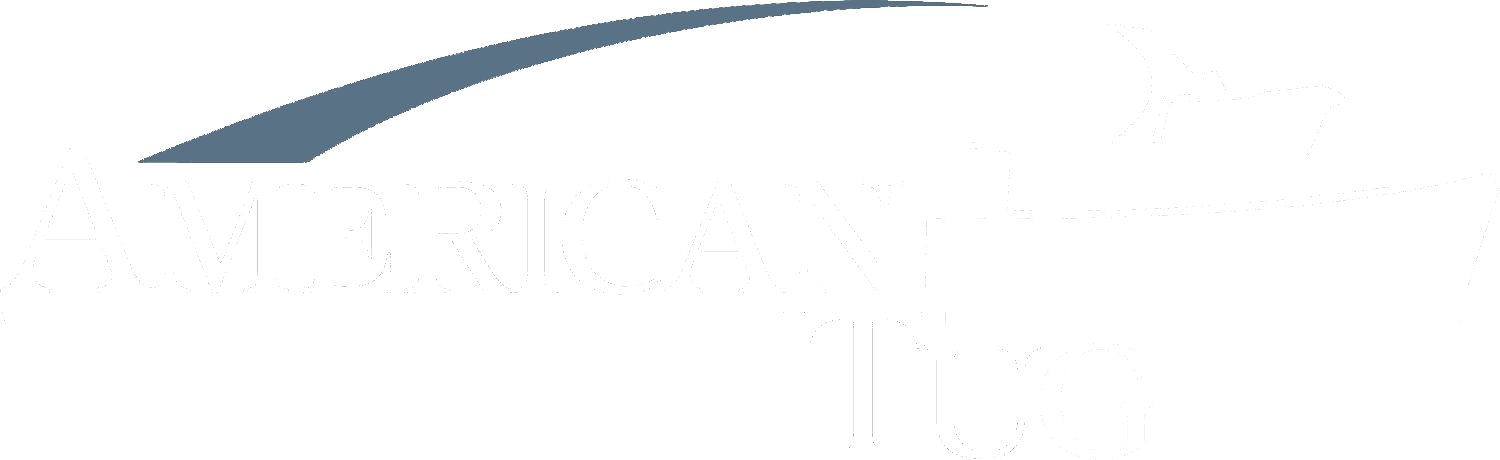 A logo for american tug with a boat on it