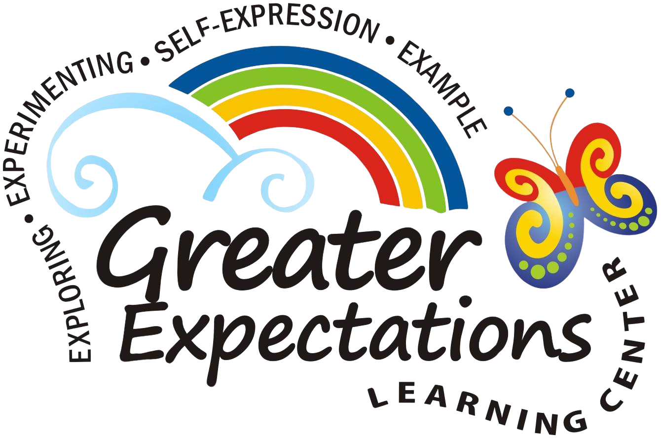 A logo for greater expectations learning center with a rainbow and butterfly