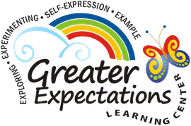 A logo for greater expectations learning center with a rainbow and butterfly