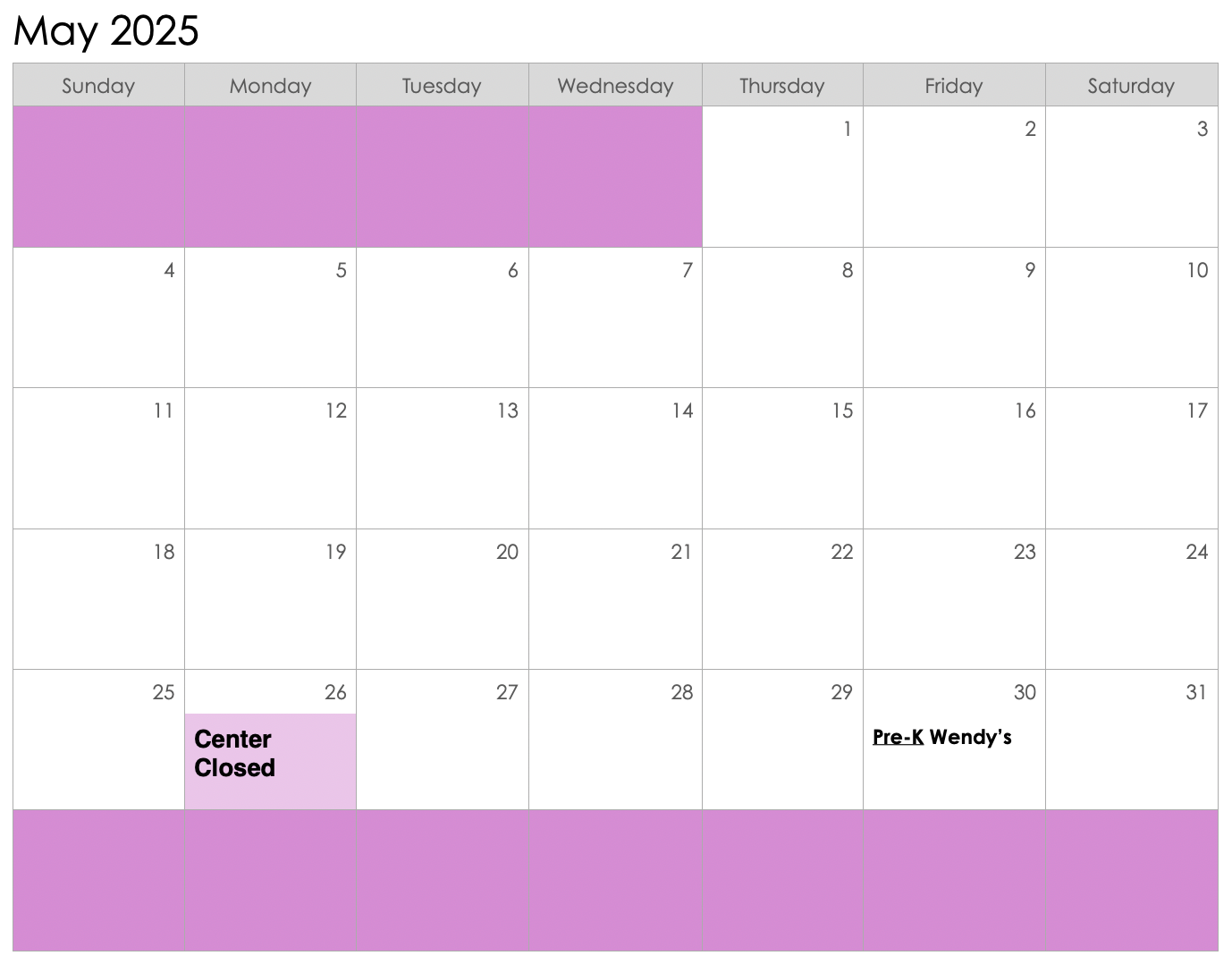 A calendar for may 2025 with a purple border