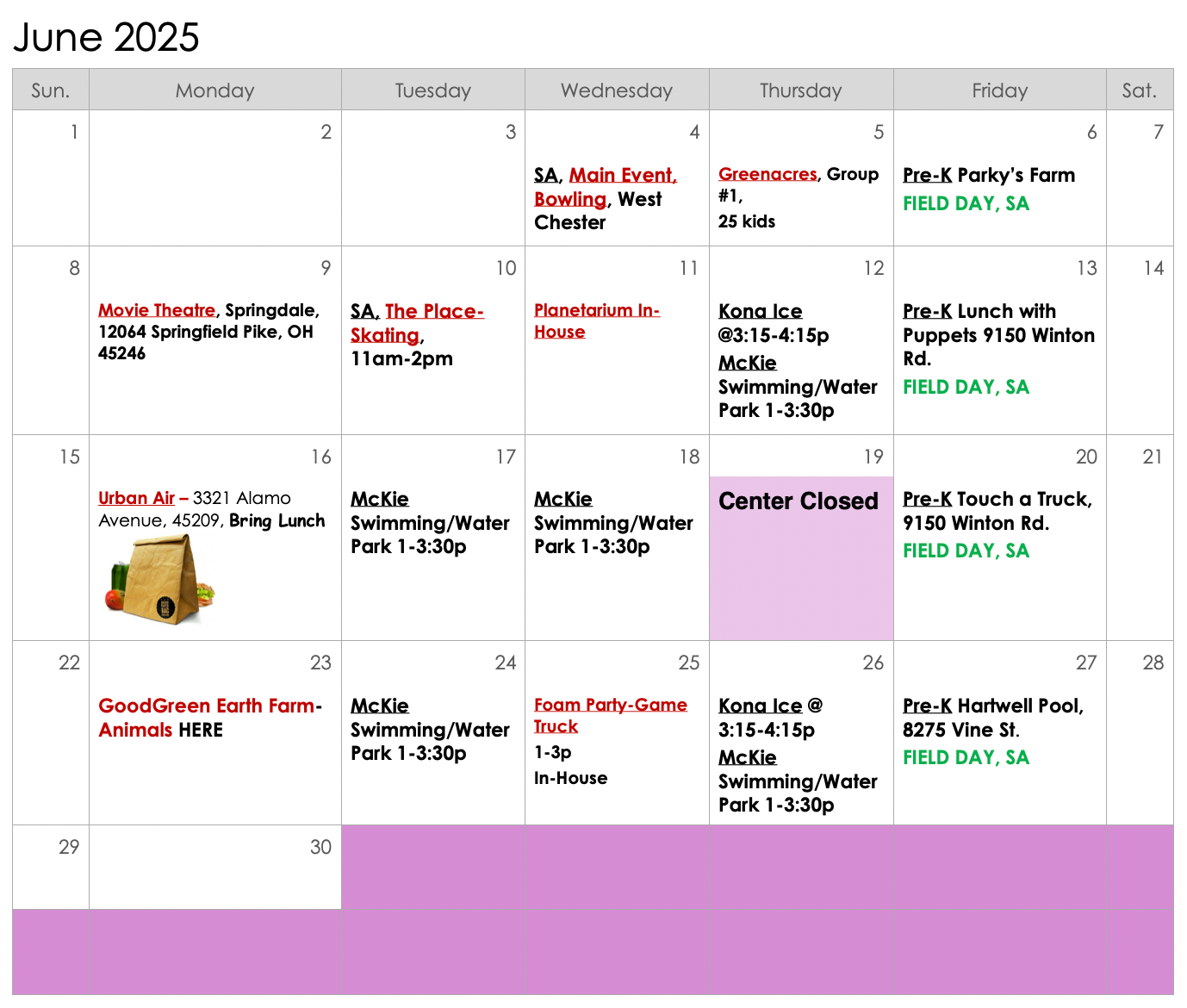 A calendar for the month of june 2025