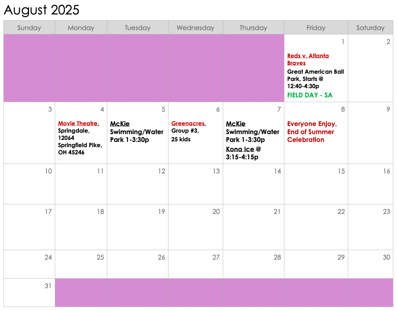 A calendar for the month of august 2025