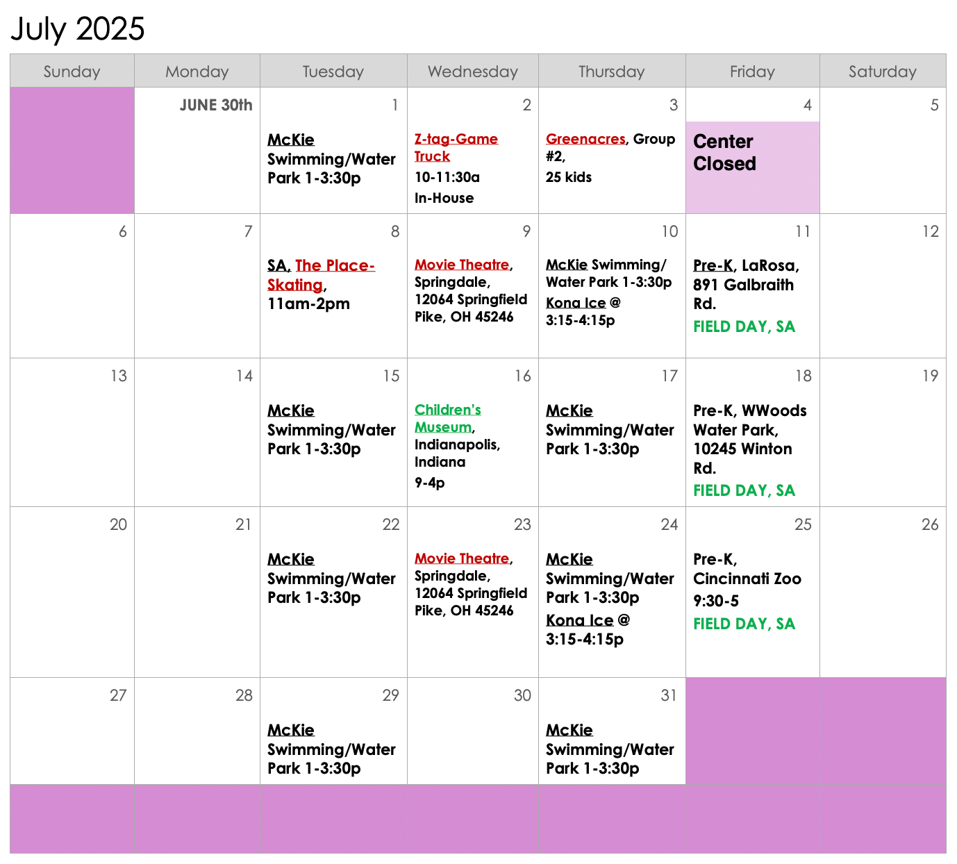 A calendar for july 2025 has a purple border