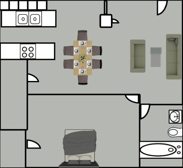 Floor plan of a small apartment. Includes a kitchen, dining area, living room, bedroom, and bathroom.
