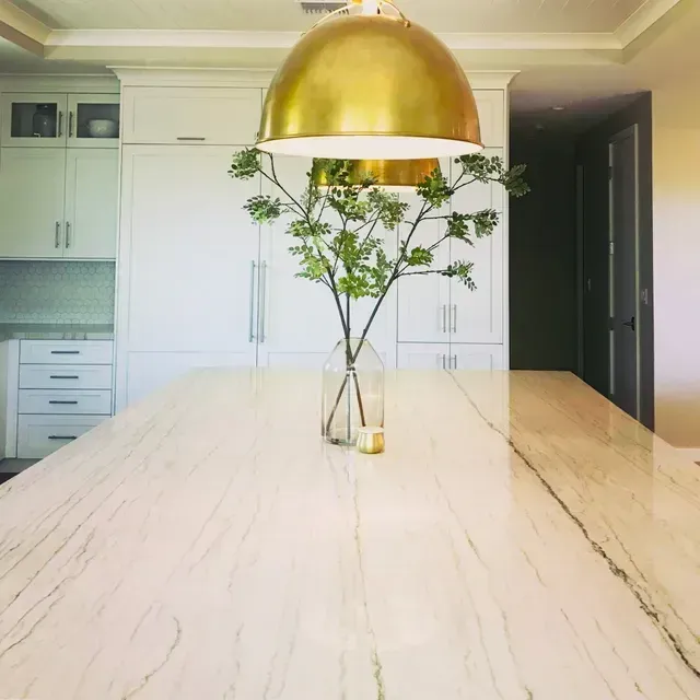 A marble counter top with a vase of flowers on it