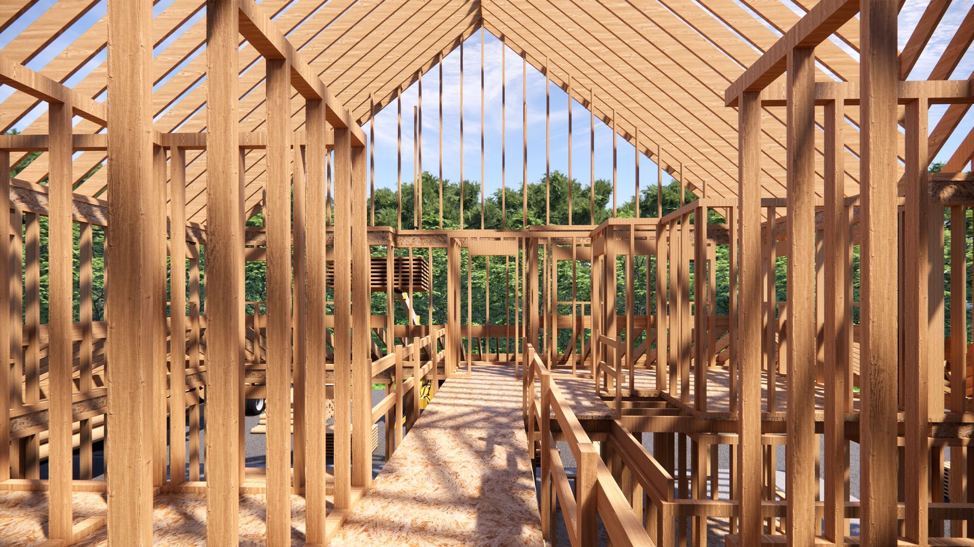 The construction crew is raising the structure of the new house.