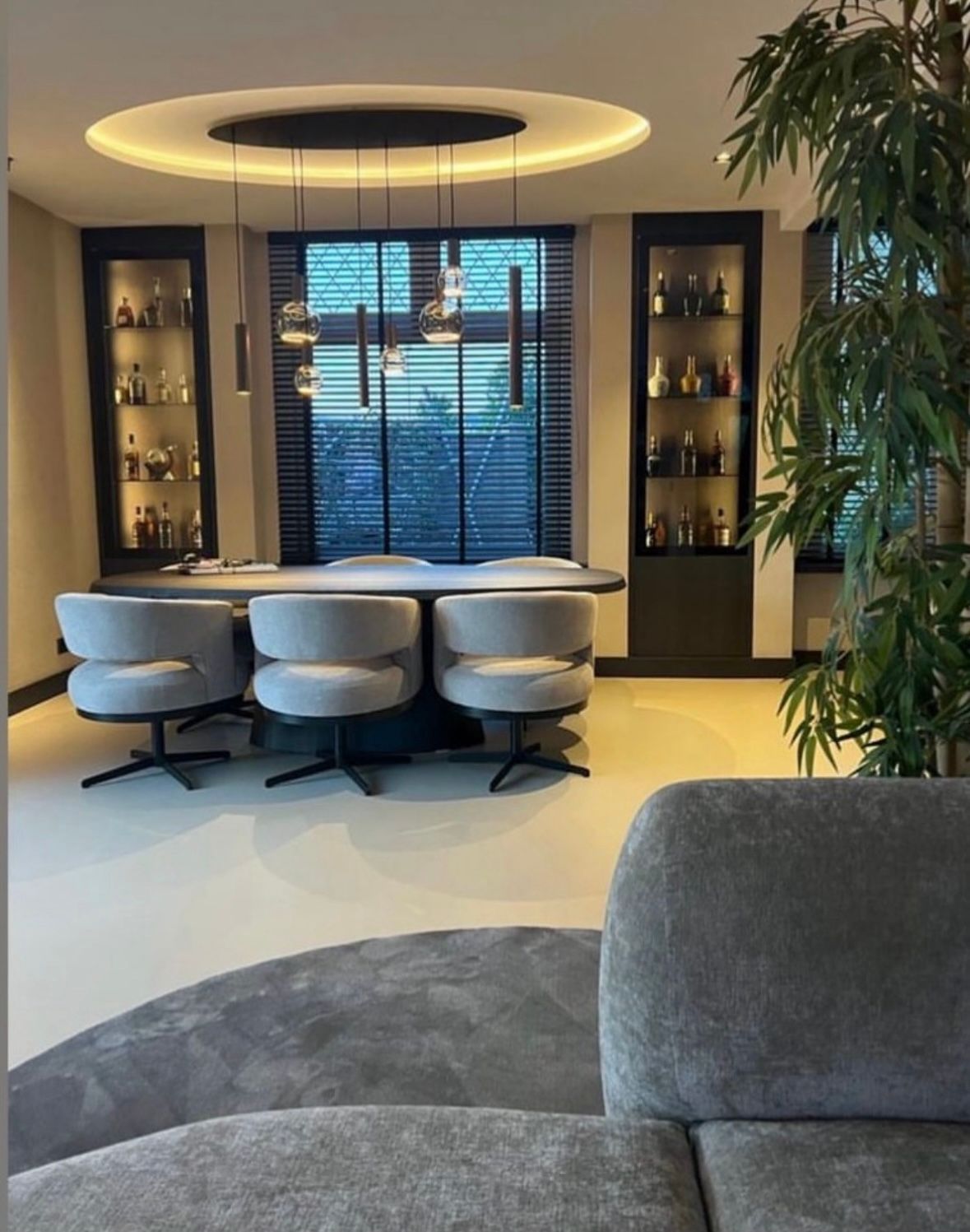 Luxe kantoor met een tafel, stoelen, kasten en een grote plant.