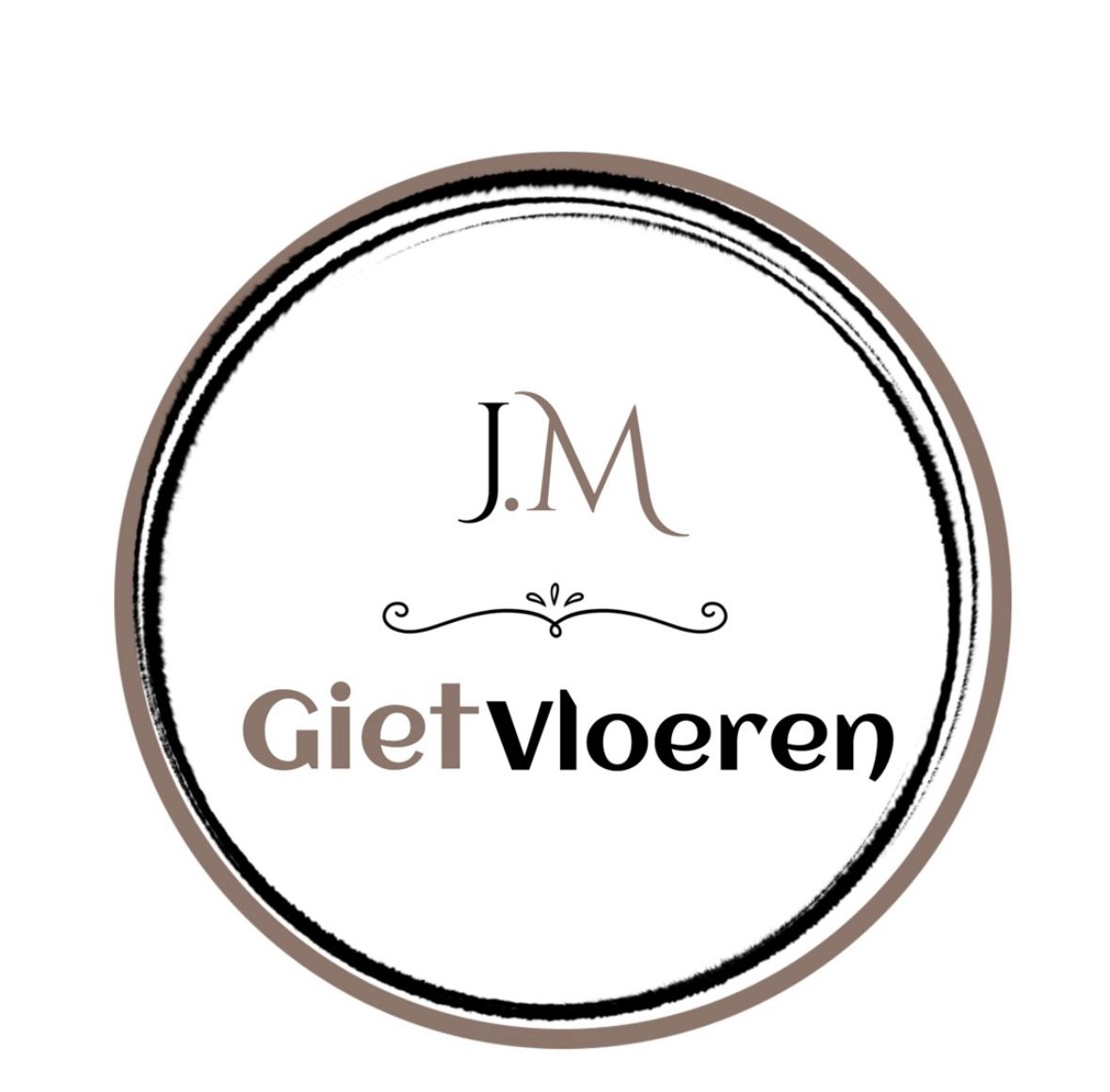 Logo voor GietVloeren met initialen en tekst in een cirkelvormig kader.