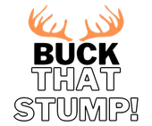 A buck that stump logo with antlers on a white background.