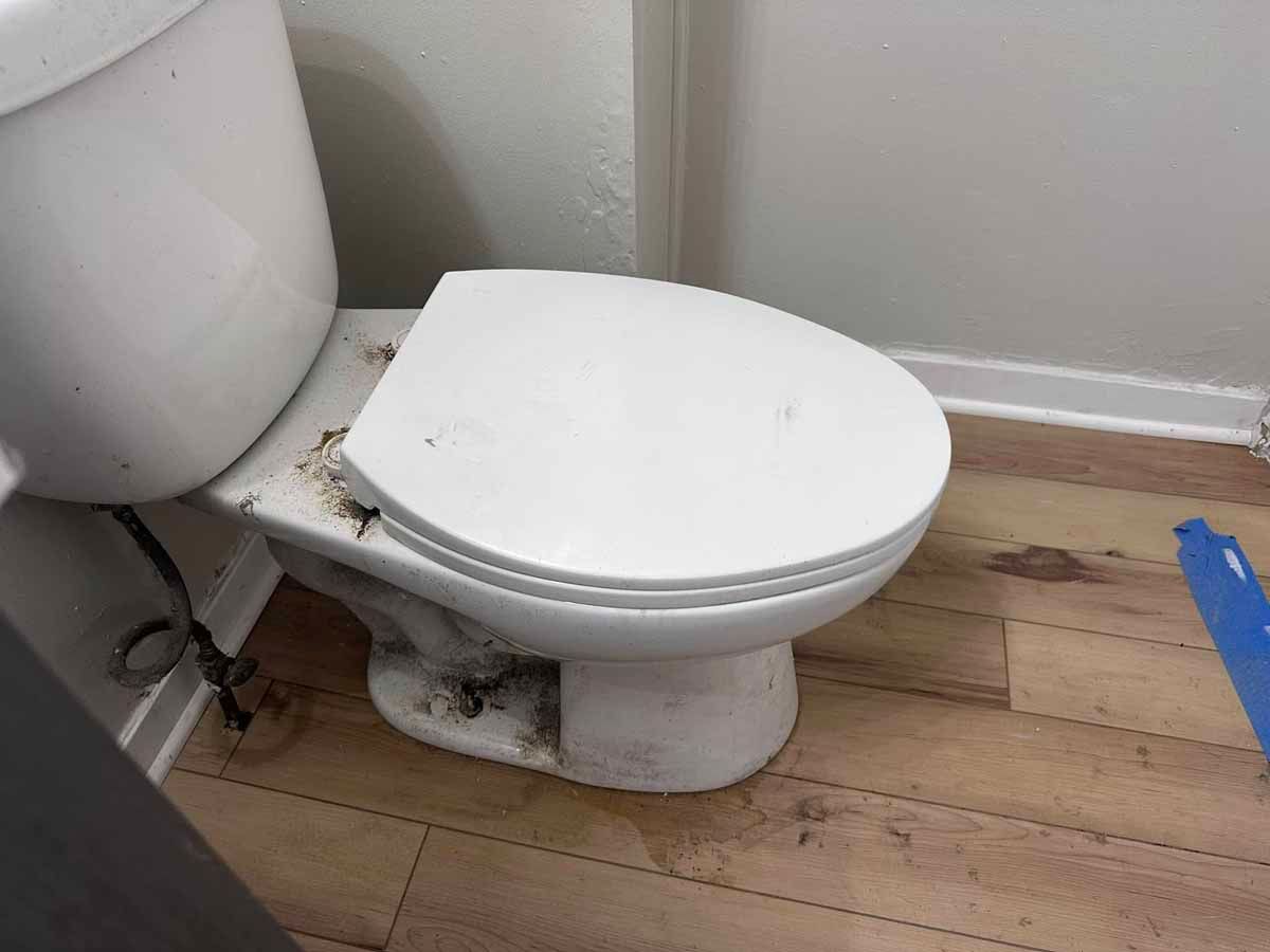 White toilet with closed lid, surrounded by dirt and on wood-look floor.