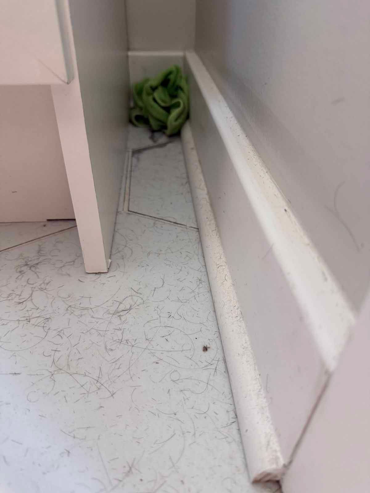 A corner with a white cabinet, baseboard, and floor. Green cloth in the corner. Floor has scattered debris.