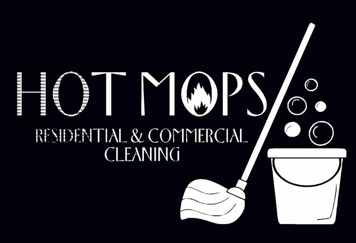 Logo for "Hot Mops" cleaning service, white text and illustrations on black background: mop, bucket, bubbles, and flame icon.