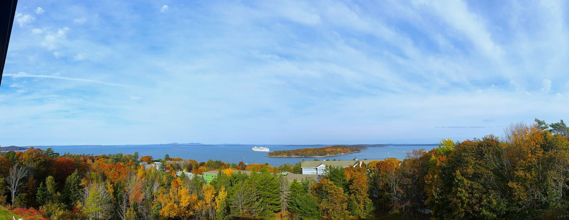 A view of the ocean from a tower with trees in the foreground.