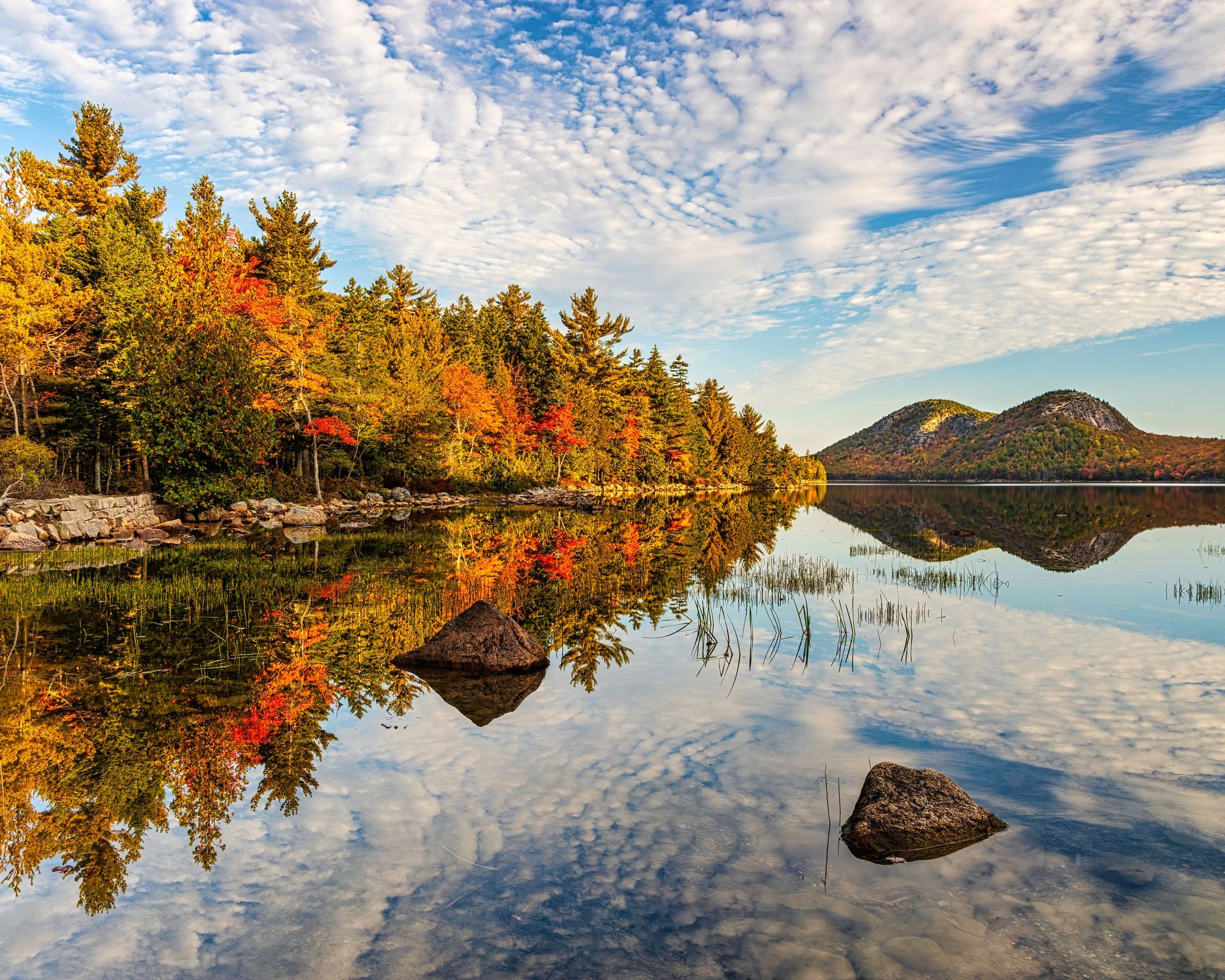 A lake with trees on the shore and mountains in the background