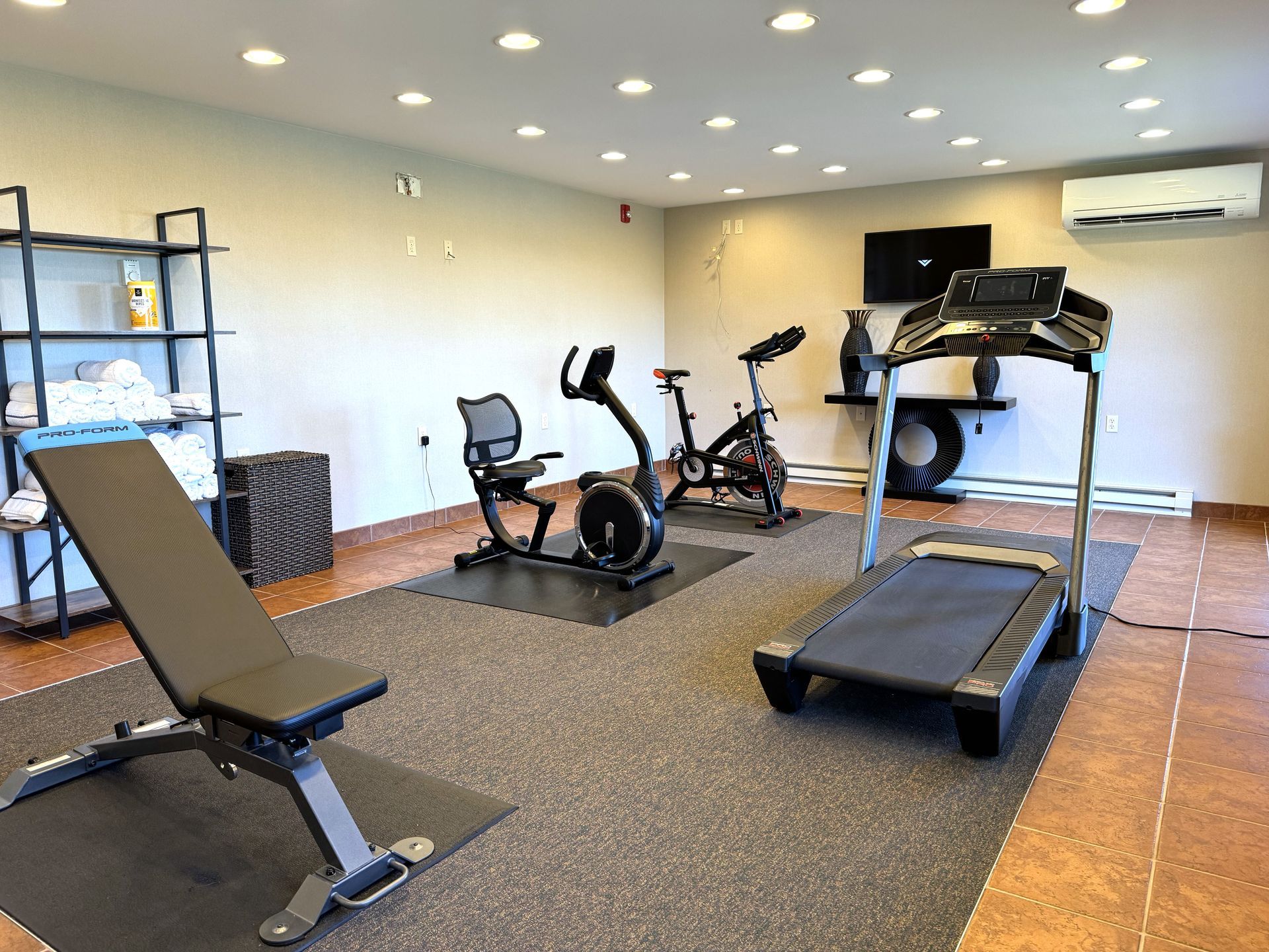 A gym with a treadmill , exercise bike , and bench.