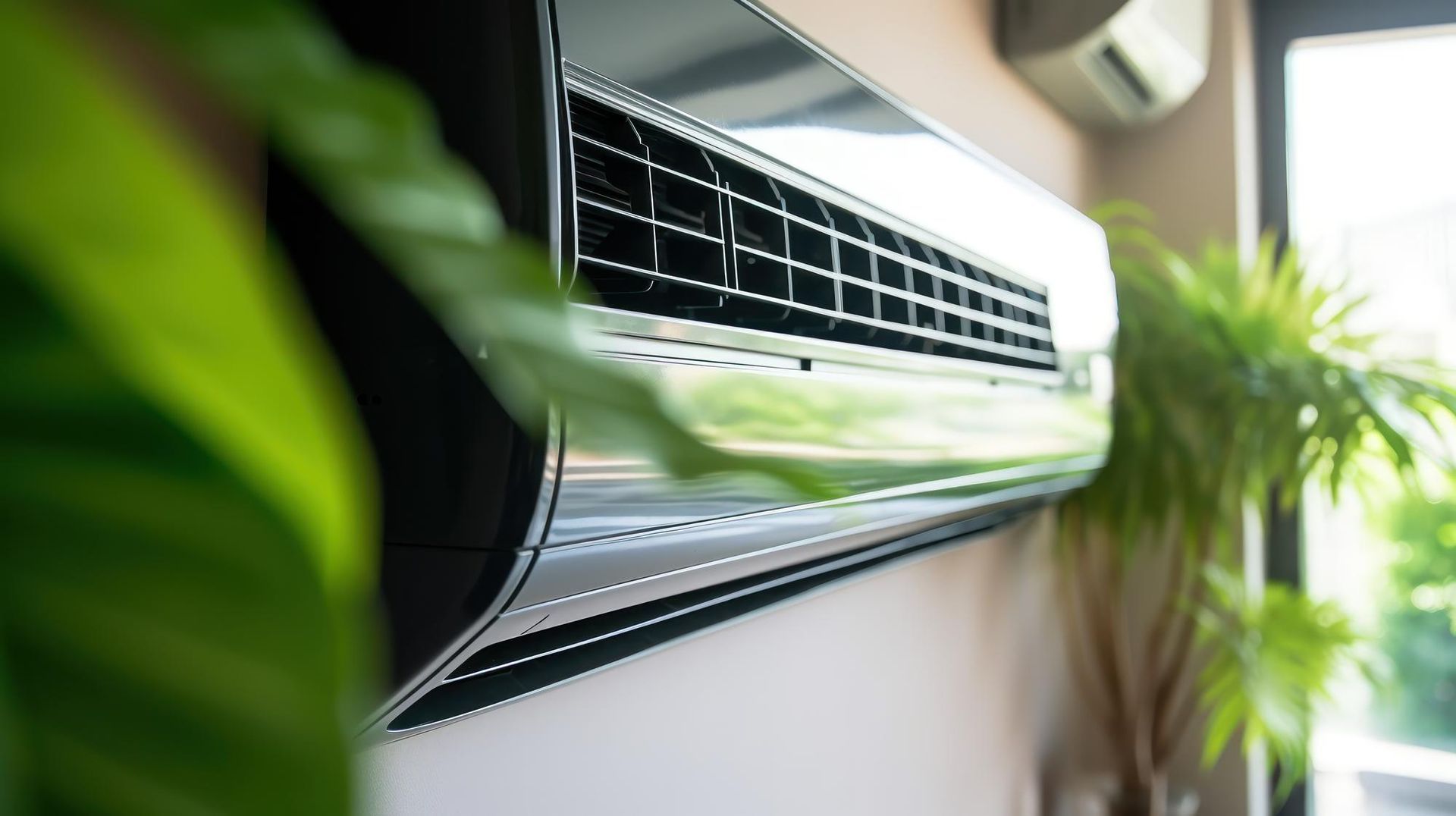 a close up of an air conditioner hanging on a wall next to a plant .