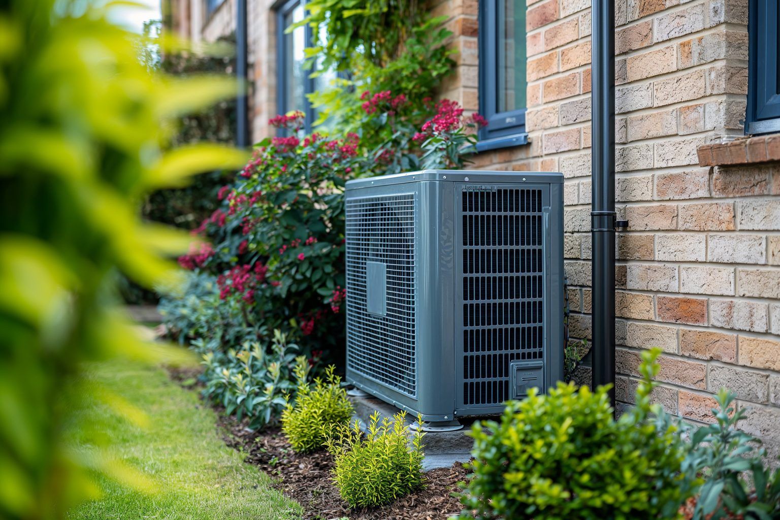 A large air conditioner is sitting on the side of a brick building.