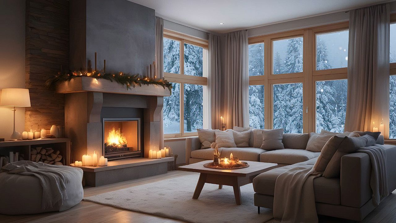 A living room with a fireplace and a couch.