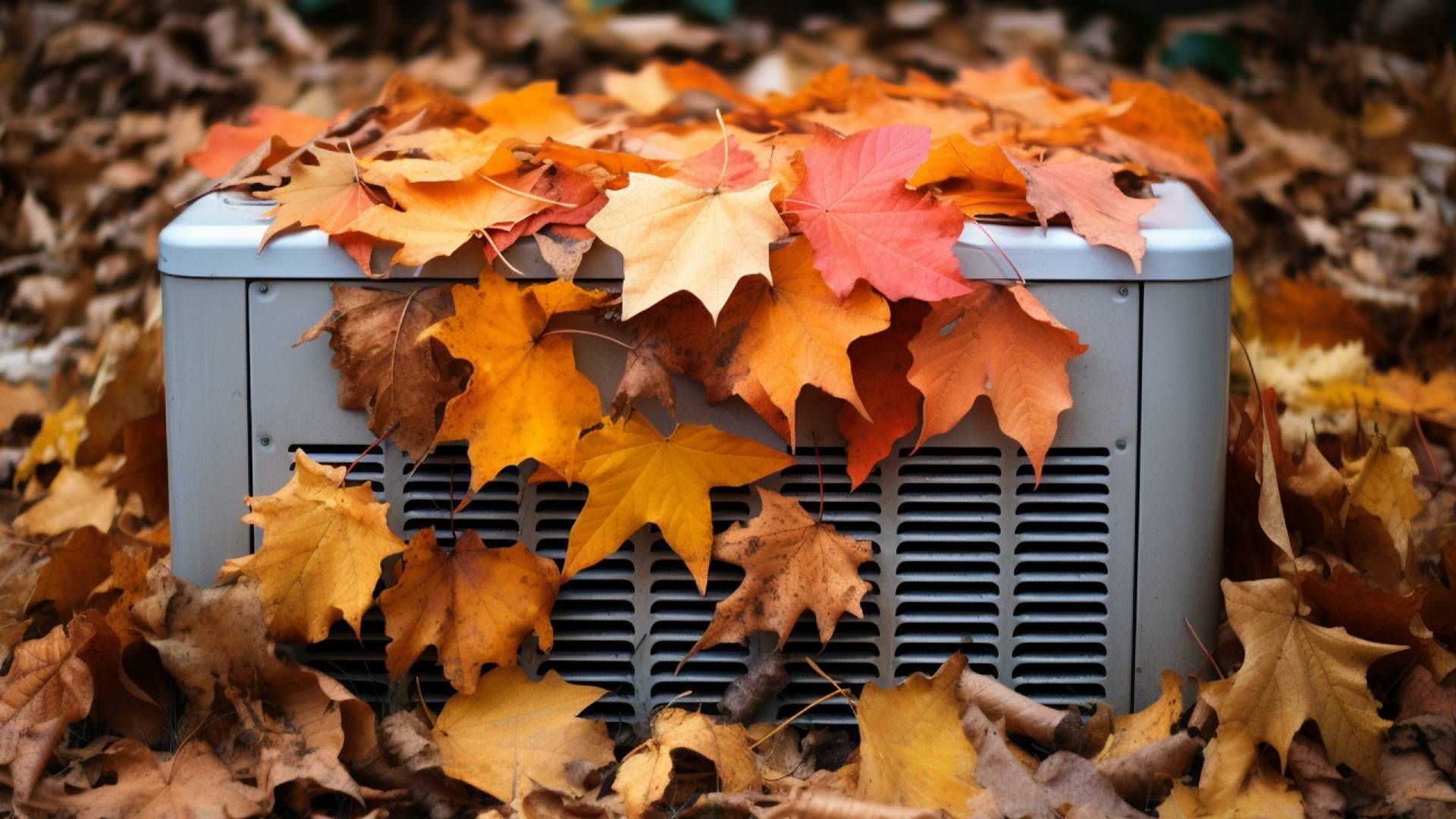 An air conditioner is covered in autumn leaves.