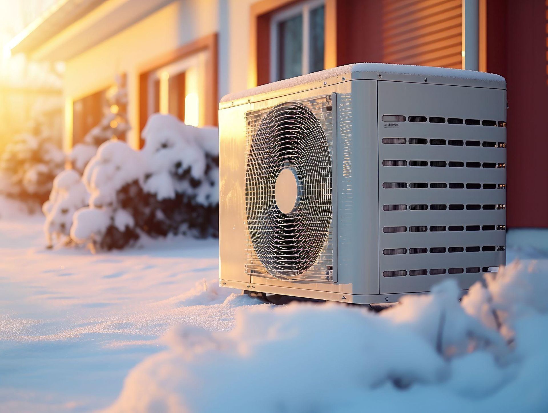 A white air conditioner is sitting in the snow in front of a house.