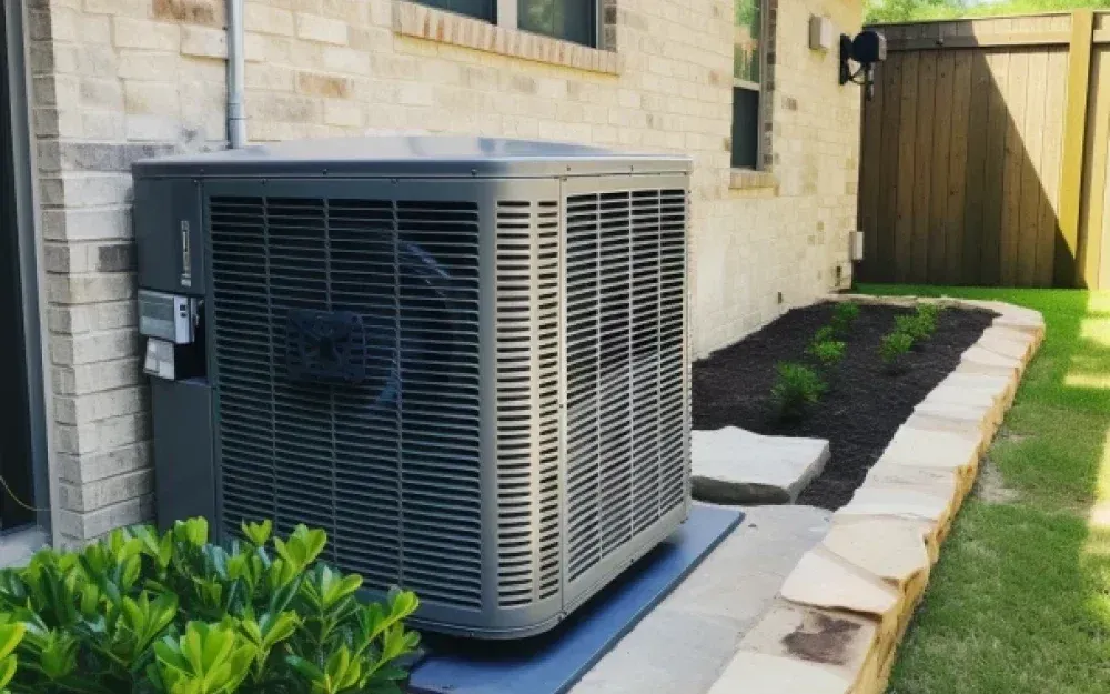 A large air conditioner is sitting on the side of a house.