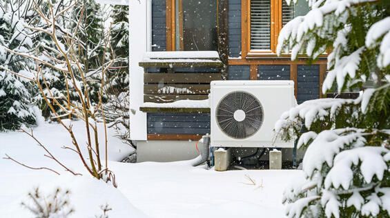 An outdoor heat pump covered in snow in front of a house, snowy winter setting.