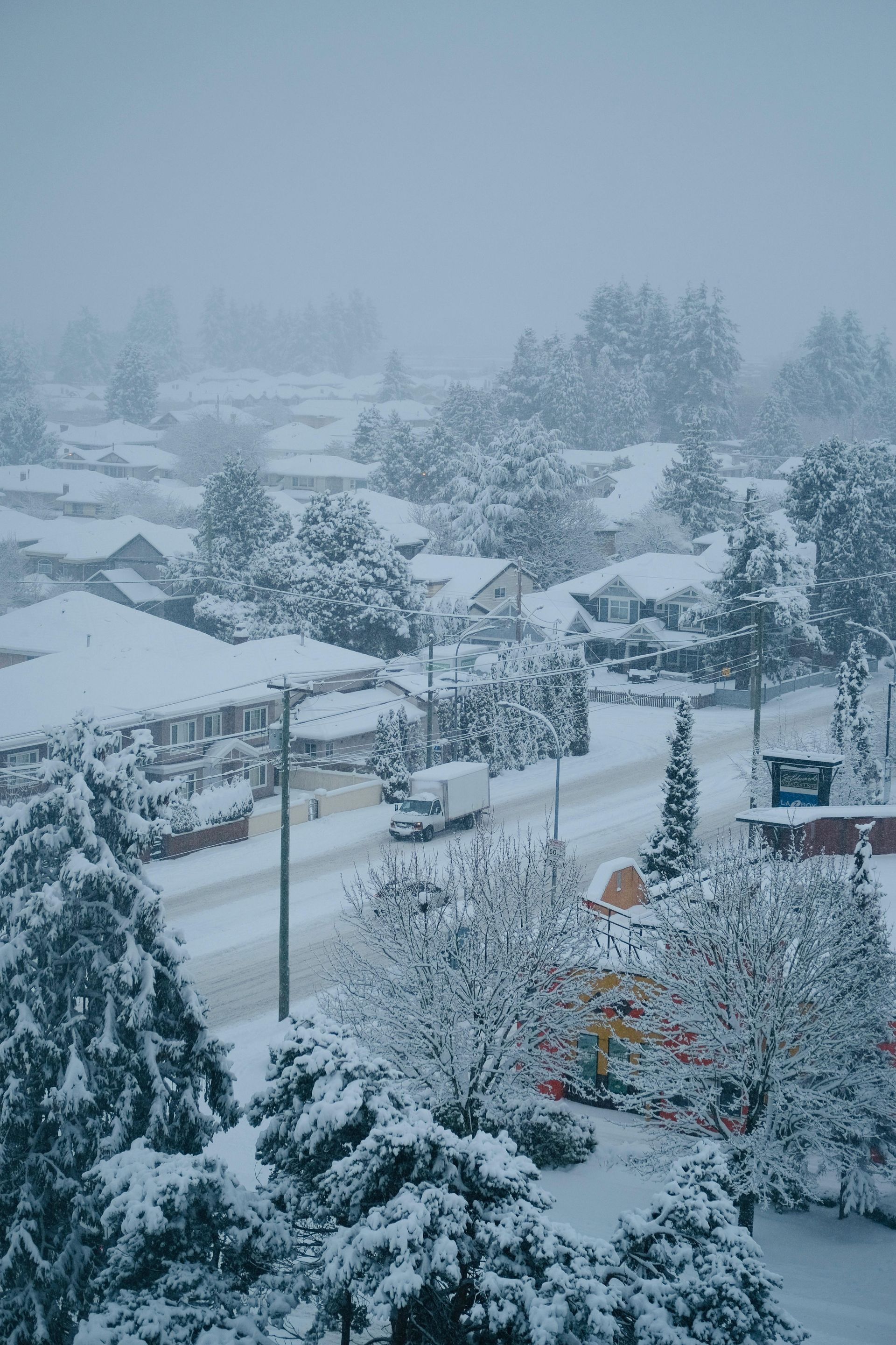 Snowy residential street with houses and trees covered in snow; a truck travels down the road.