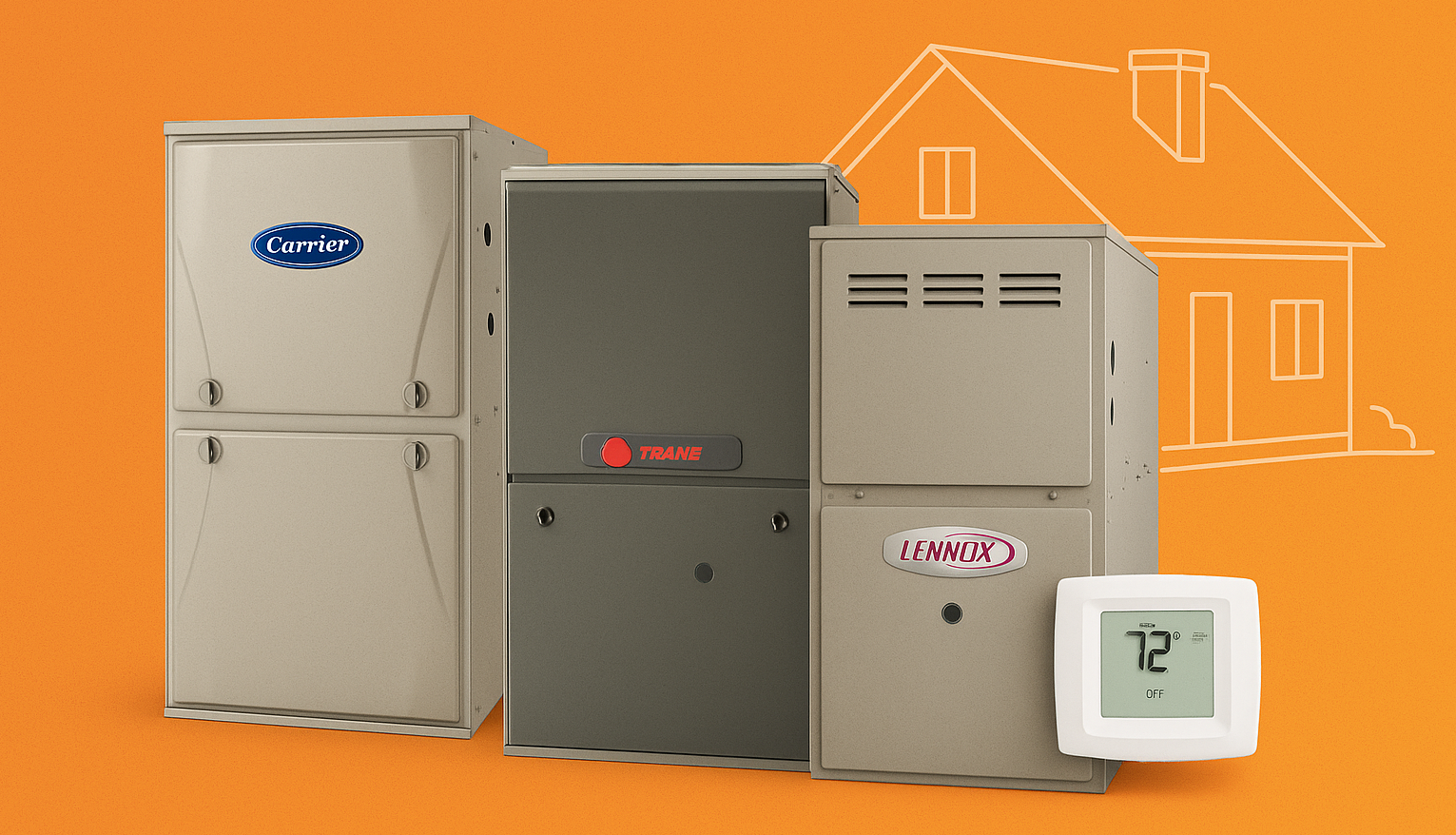 Three different furnaces and a thermostat in front of a sketched house on an orange background.