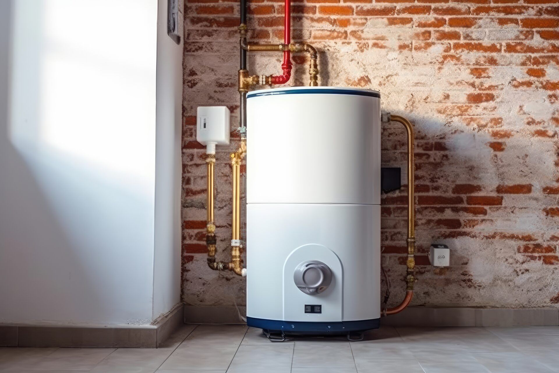 A water heater is sitting in a room next to a brick wall.