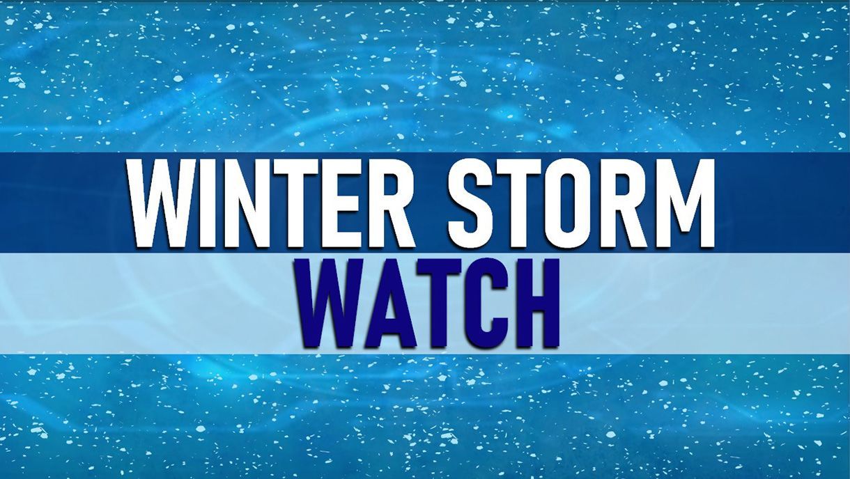 Winter Storm Watch graphic on a blue snowy background.