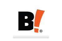 A black letter b with an orange exclamation point on a white background.