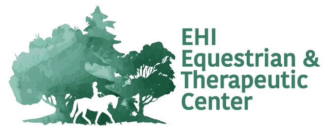 The logo for the ehi equestrian and therapeutic center shows a person riding a horse under a tree.