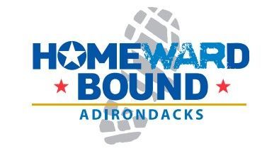 A blue and white logo for homeward bound adirondacks