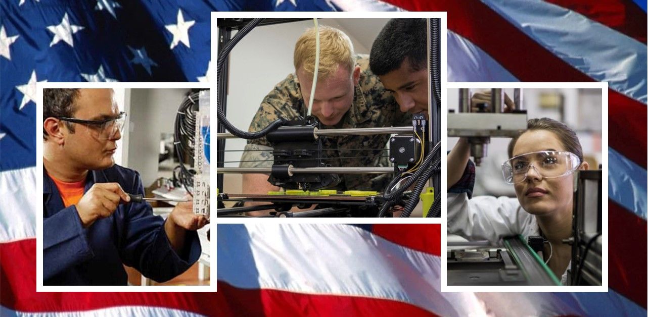 A man and a woman are working on a machine in front of an american flag.